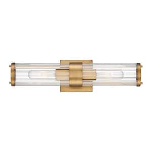 Allison 18 in. 2-Light Warm Brass Modern Industrial Vanity with Clear Ribbed Glass Shades