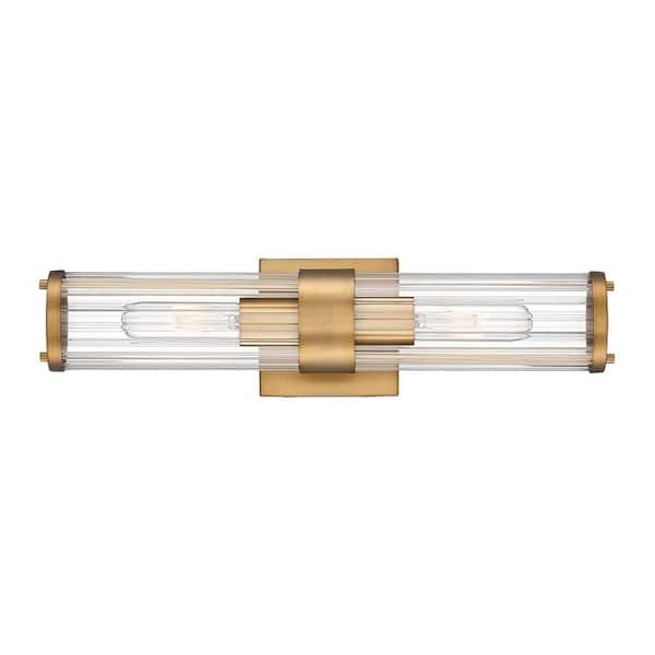 Photo 1 of 18 in. 2-Light Warm Brass Vanity Light with Clear Ribbed Glass Shade
