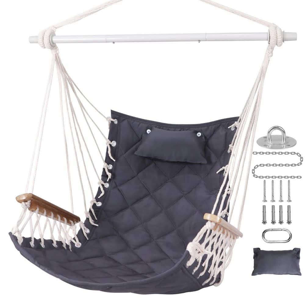 Cotton Hammock Chair Hanging Swing with Wooden Armrest Steel Spreader Bar Pillow Hardware Kit Indoor Outdoor