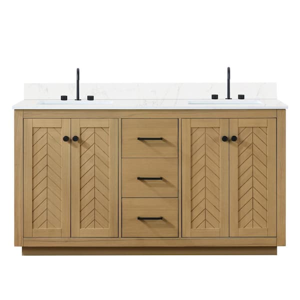 BATHLYN Charlotte 61 in. W x 22 in. D x 34.2 in. H Double Freestanding Bathroom Vanity in Nature Oak with Engineered Stone