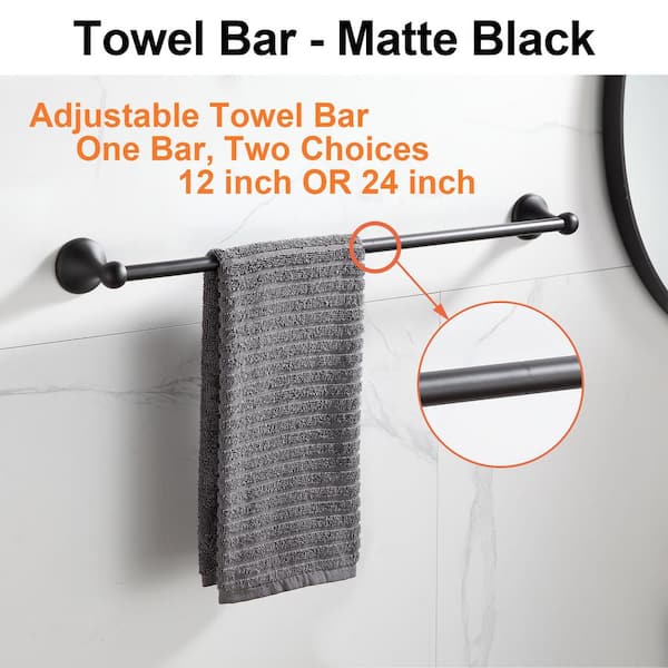 24 in. Wall Mounted Adjustable Expandable Durable Metal Towel Bar, 4-Piece Bathroom Hardware Set in Matte Black