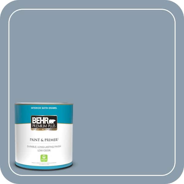 BEHR PREMIUM PLUS 1 qt. #ICC-65 Relaxing Blue Satin Enamel Low Odor Interior Paint & Primer