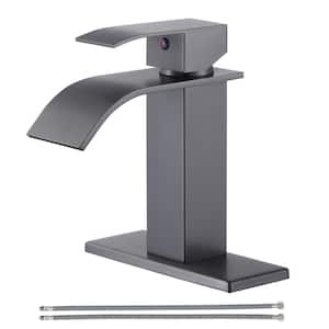 Single Handle Single Hole Bathroom Faucet with Deckplate Included and Supply Lines in Brushed Grey