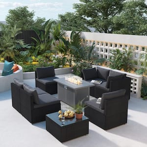 8-Piece Black Wicker Patio Conversation Set with 42 in. Outdoor Fire Pit Table, Coffee Table and Gray Cushions