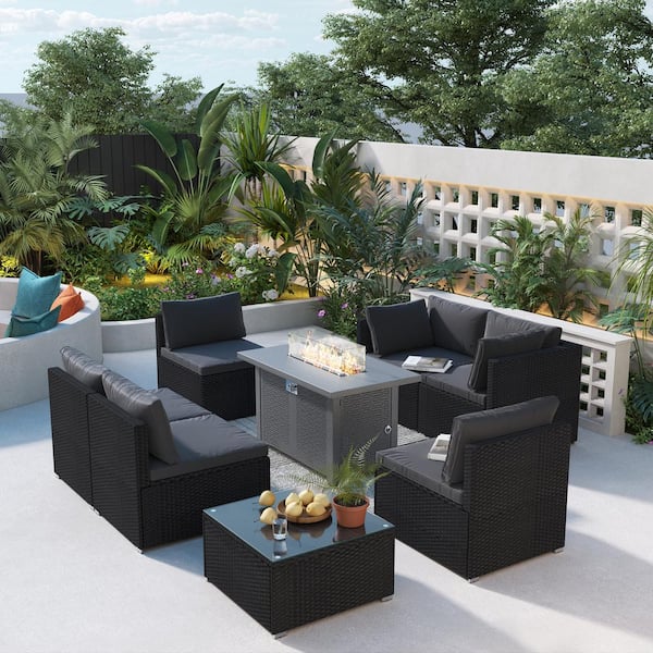 LQOFZ 8-Piece Black Wicker Patio Conversation Set with 42 in. Outdoor Fire Pit Table, Coffee Table and Gray Cushions