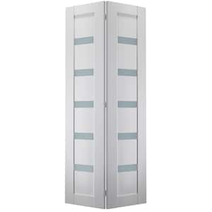 Leora 36 in. x 80 in. 5-Lite Frosted Glass Bianco Noble Wood Composite Bi-fold Door