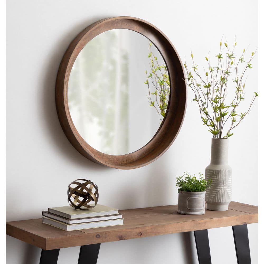 Walnut Round Wood Wall Mirror with Shelf 30"