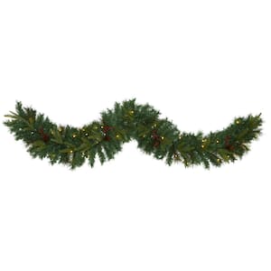 6 ft. Battery Operated Pre-lit Mixed Pine Artificial Christmas Garland with 35 Clear LED Lights, Berries and Pinecones