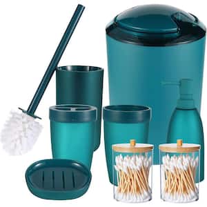 8-Pieces Blue Bathroom Accessories Set - with Trash Can Toothbrush Holder Soap Dispenser Soap and Lotion Set Tumbler Cup