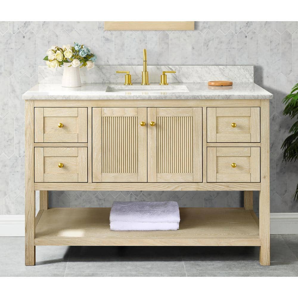 Arcott 49 in W x 22 in D x 35 in H Single Sink Fluted Bath Vanity in Natural Wood With Carrara Marble Top -  Home Decorators Collection, TH1050