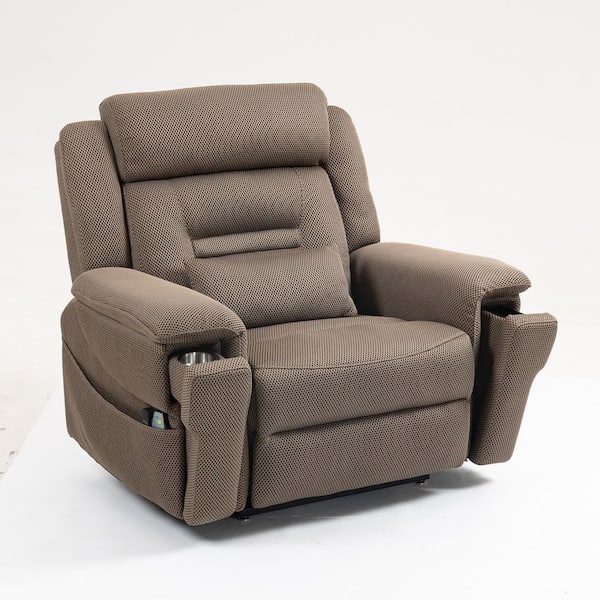 Flagship Dual Motor 28" W Oversized Brown Mesh Fabric Power Lift Recliner Chair w/Hidden Cup Holder & Wireless Charging