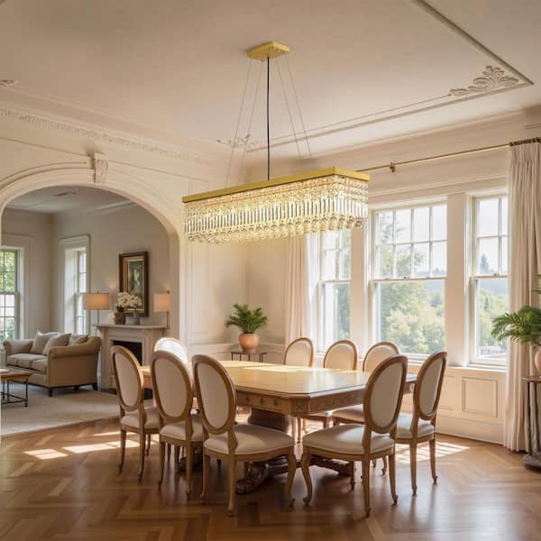 10-Light Gold Modern Rectangle K9 Crystal Chandelier, Iron E12 Pendant Light for Dining Room or Kitchen Island