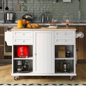 52.8 in. W White Kitchen Island Cart with Spice Rack, Towel Rack and Drawer, Rubber Wood Desktop