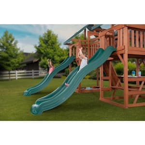 Sequoia Wood Complete Swing Set with Rock Wall, Double Slides and Towers, and Playset Accessories