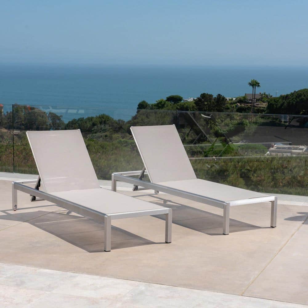 Gray and Silver Adjustable Aluminum Mesh Outdoor Chaise Lounges, Set of 2