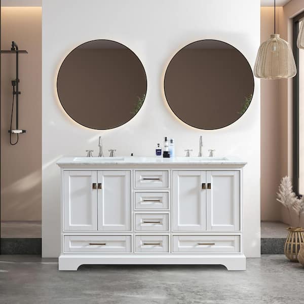 Britney 60 in. W x 22 in. D x 34 in. H Double Bath Vanity in White with White Carrara Marble Top with White Sinks