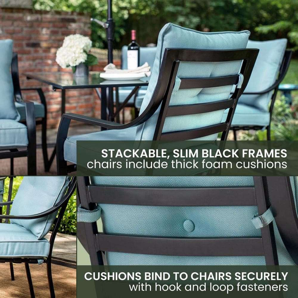 Lavallette 7-Piece Black Steel Outdoor Dining Set with Blue Cushions