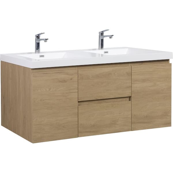 Espace 59 in. Double Sinks Modern Wall-Mounted Floating Natural Oak Bath Vanity with White Resin Top, Cabinet, Drawers
