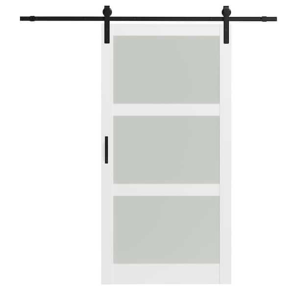 42in. x 84in. 3-Lite Frosted Glass MDF White Sliding Assembly Required Barn Door with Hardware Kit, Unfinished