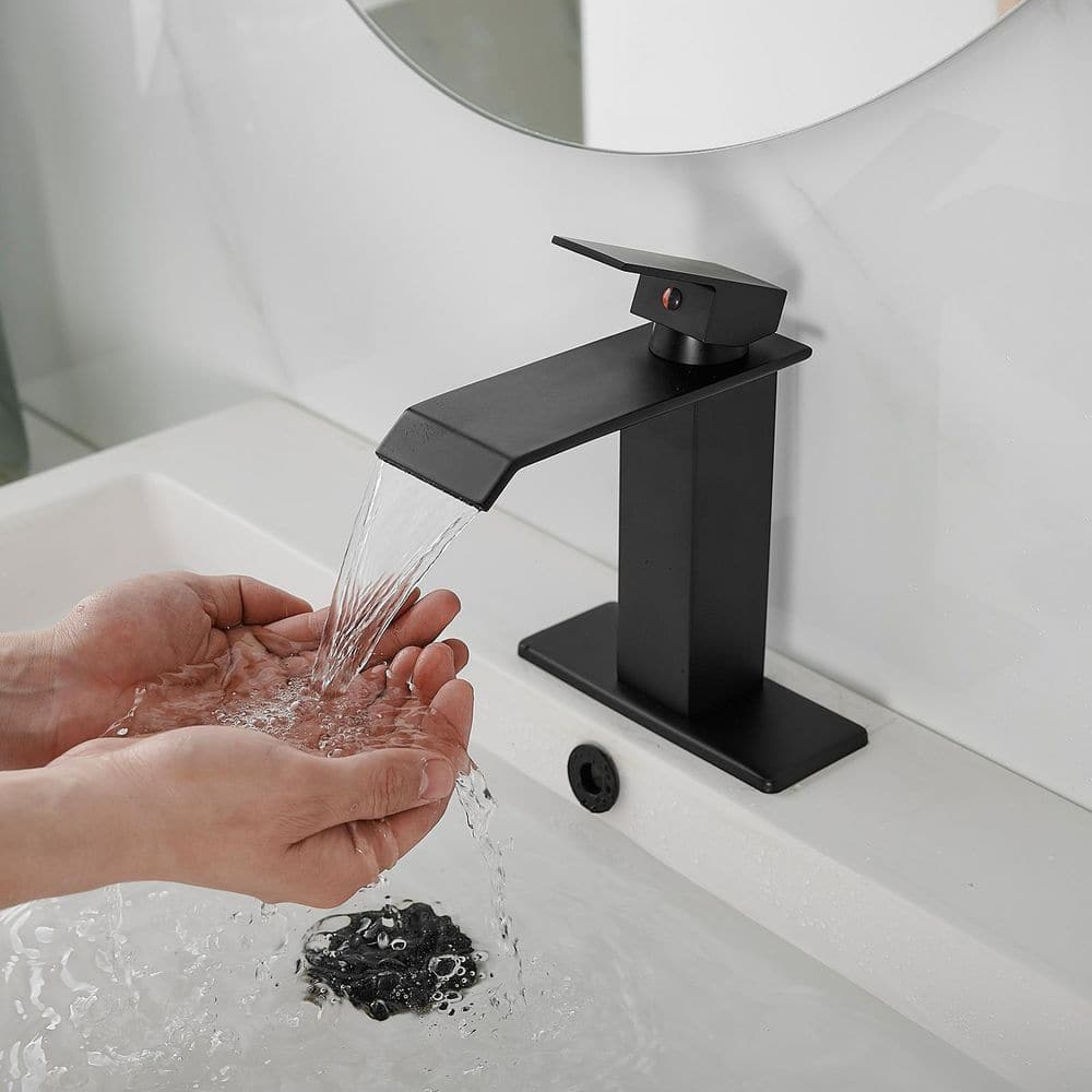 Matte Black Single-Handle Waterfall Bathroom Faucet with Supply Line