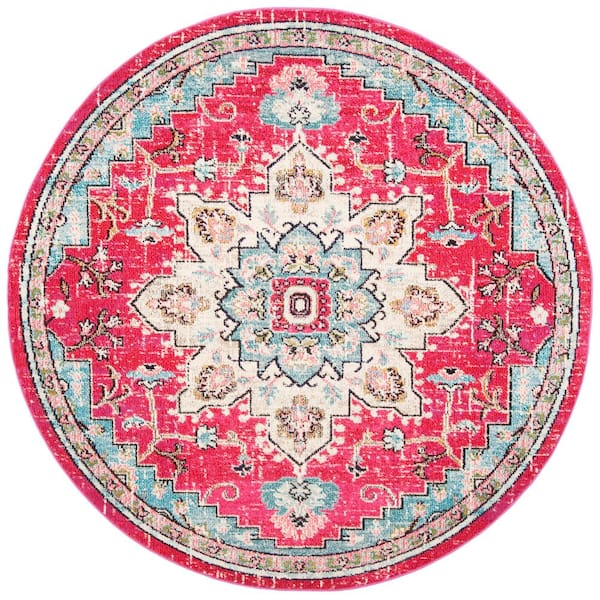 SAFAVIEH Madison 7 ft. x 7 ft. Fuchsia/Blue Distressed Border Round Area Rug