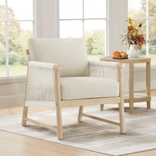 Spruce & Spring Miles Cream Fabric Swivel Handwoven Rope Arm Chair and Side Table Set with Solid Wood Frame and Plush Cushions