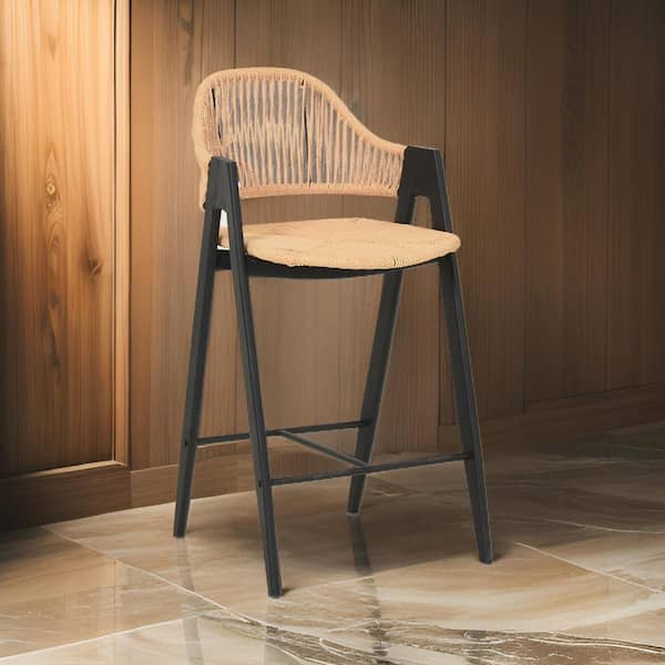 Benjara 26 in. Brown and Black Low Back Metal Bar Stool with Wooden Seat (Set of 2)