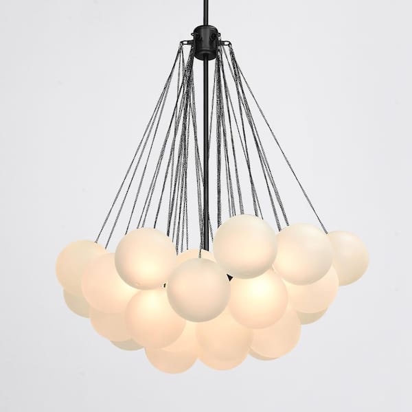 Alma 32 in. W 3-Light Black Cluster Globe Bubble Chandelier with Frosted Glass for Kid's/Living/Dining Room (37-Shade)
