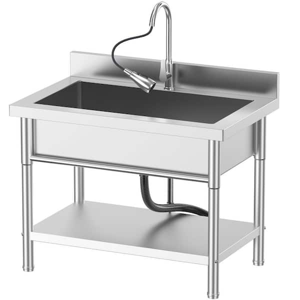 23.6 in. D x 39.5 in. W Freestanding Utility Sink in Silver w/ Retractable Cold and Hot Water Faucet Hoses and Drain Kit