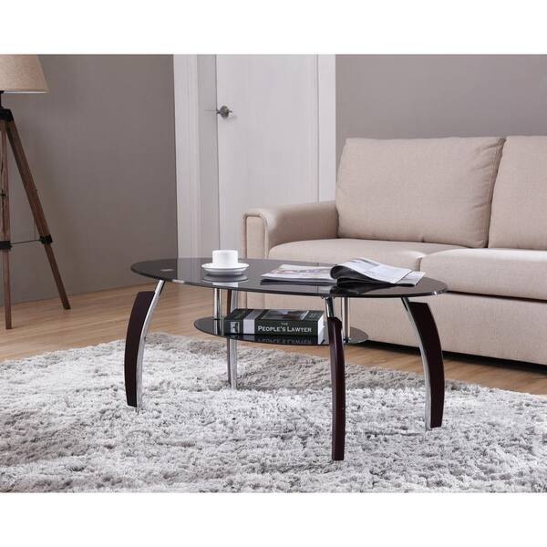 HODEDAH Oval Tempered Glass 2-Tier Coffee Table with Wooden Legs in Black