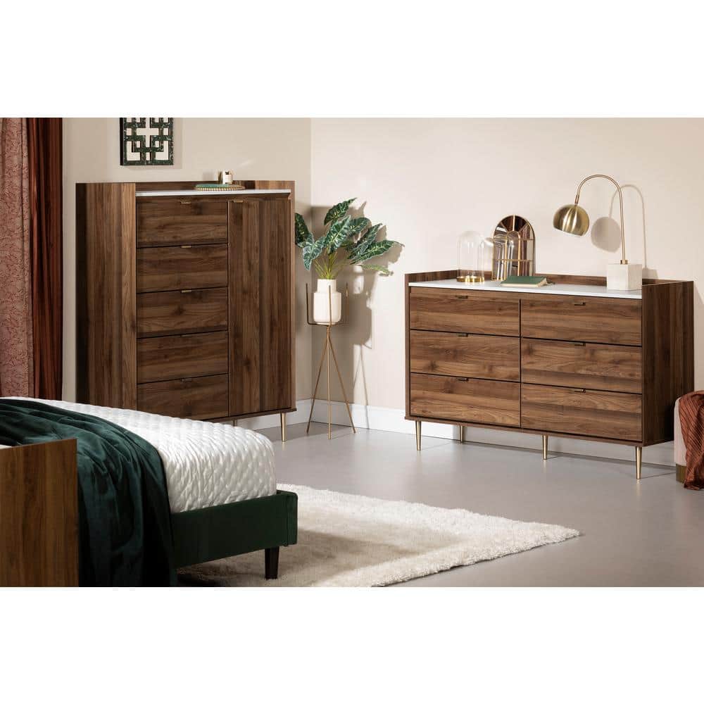 Elegant 6-Drawer Double Dresser in Natural Walnut with Brass Accents