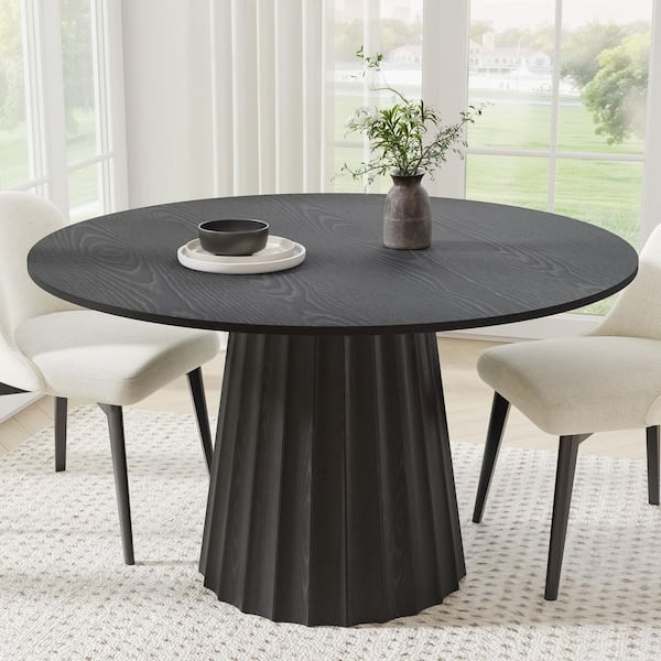 Lirago Cone Black Colored Wood 52 in. Column Base Wide Strip Concave Straight Edge Dining Table for 6