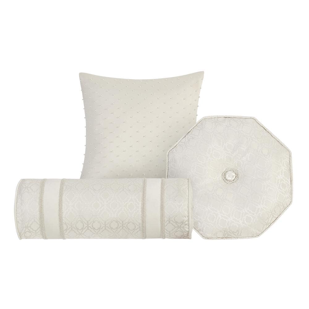 Ivory Satin and Jacquard Decorative Pillow Set, 3 Pieces