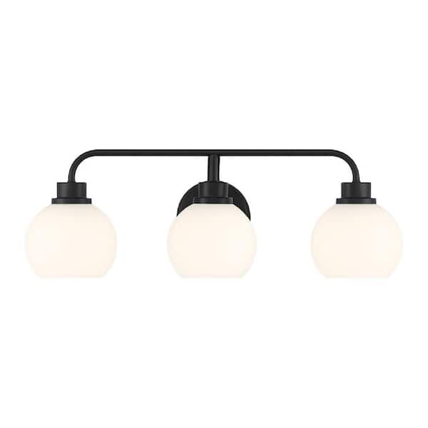 TUXEDO PARK LIGHTING 24 in. W x 8.25 in. H 3-Light Matte Black Contemporary Bathroom Vanity Light with White Opal Glass Shades