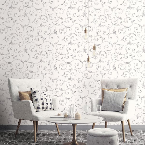 Scroll Wallpaper in Stone, Gray and Metallic Silver