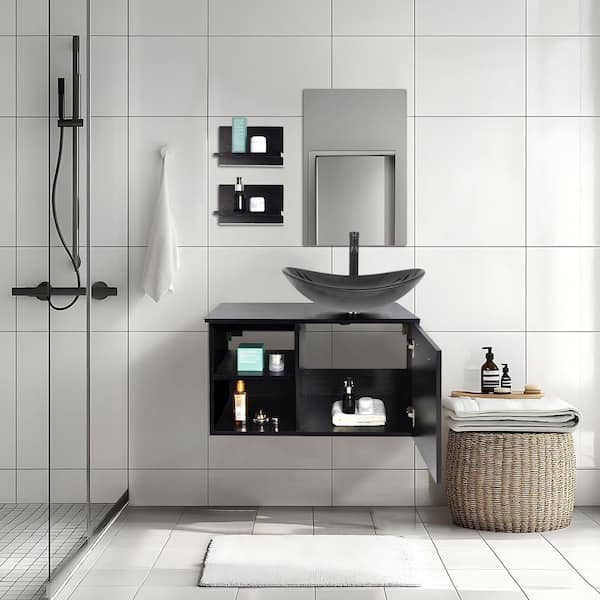 28 in. W x 19 in. D x 28 in. H Single Sink Bath Vanity in Black with Black Solid Surface Top and Mirror and Sink