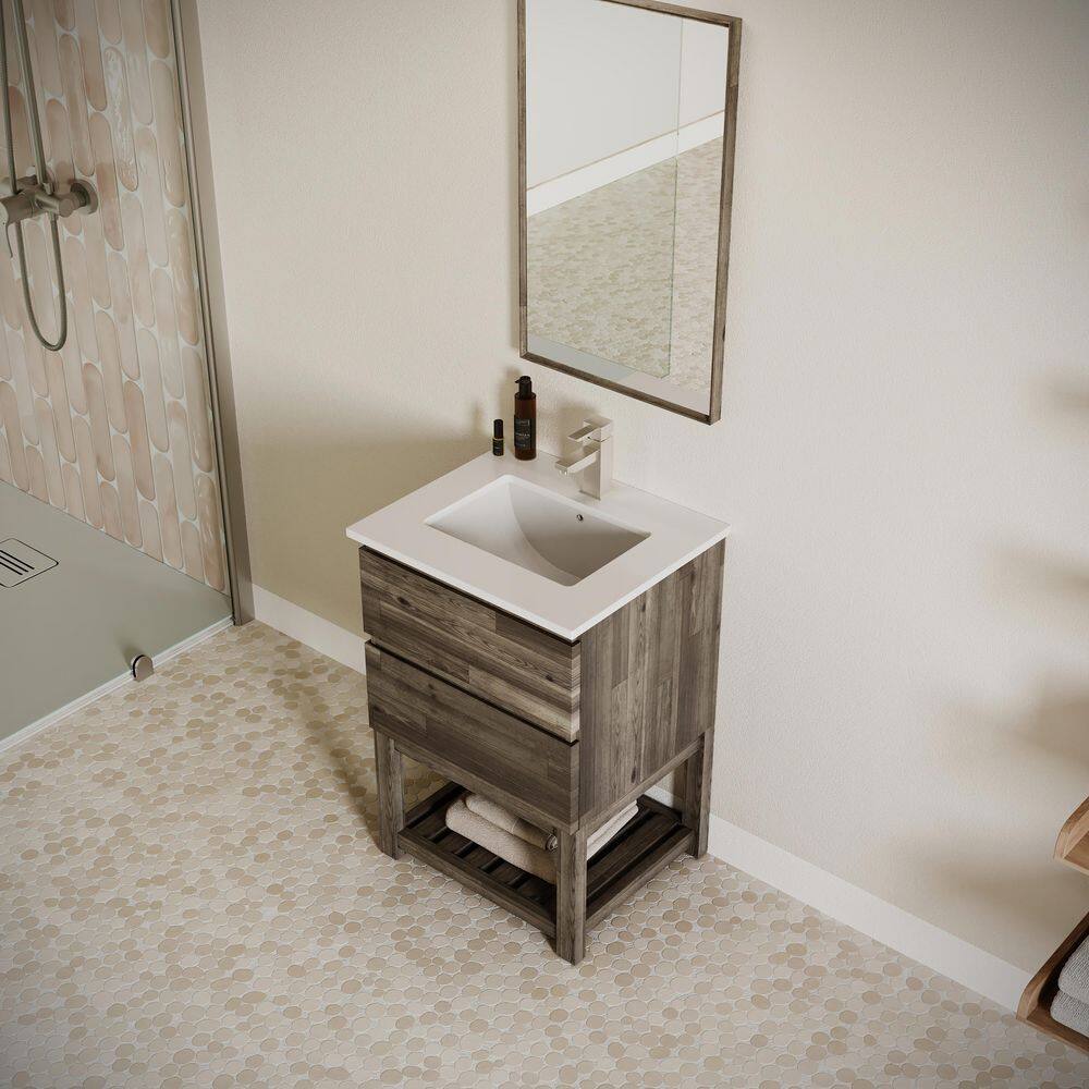 24" Brown Engineered Wood Freestanding Vanity with Quartz Top