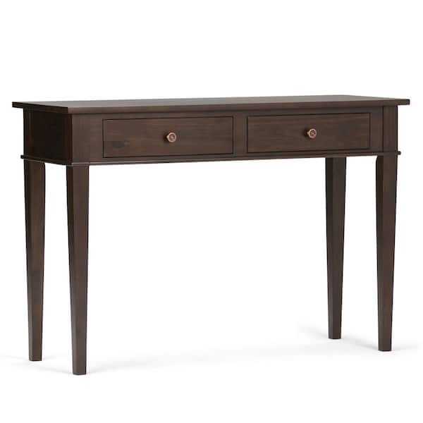 Simpli Home Carlton Solid Wood 44 in. Wide Transitional Console Sofa Table in Dark Tobacco Brown