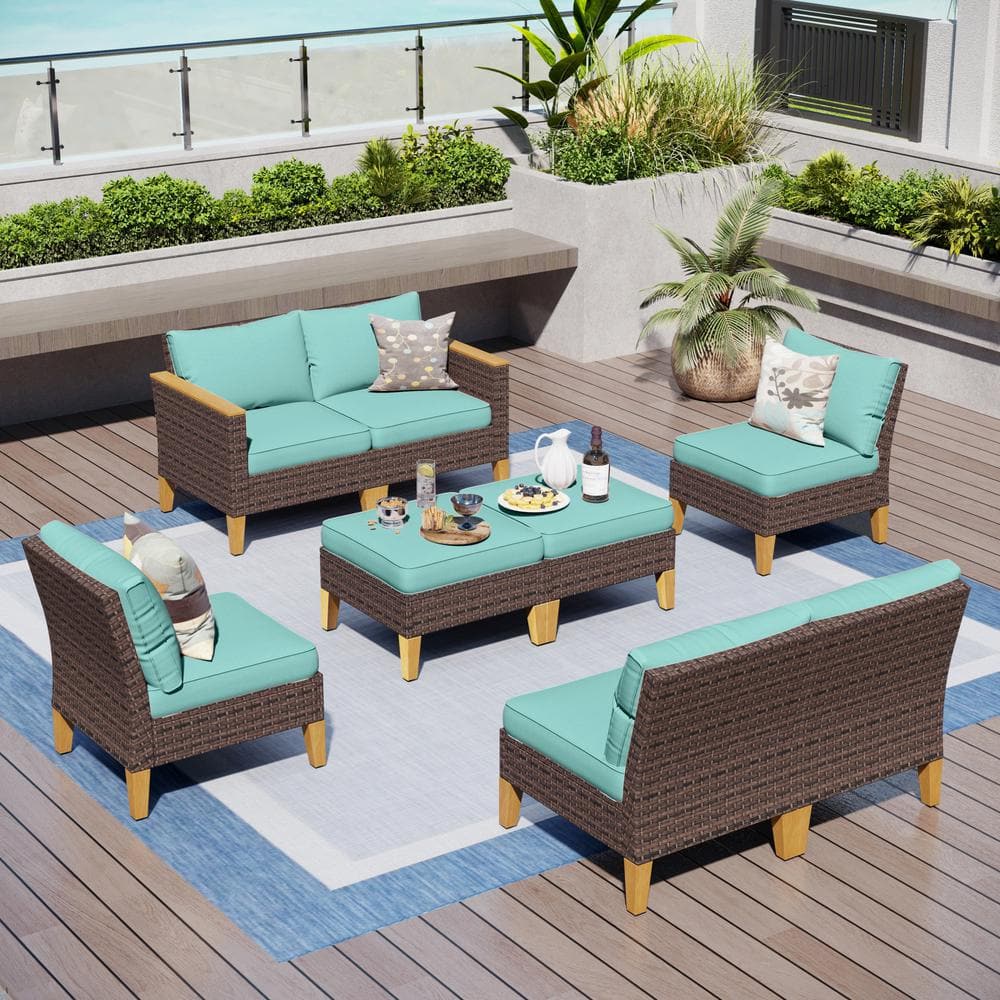 Brown Rattan Wicker 8 Seat 8-Piece Steel Outdoor Patio Conversation Set with Blue Cushions price history on PriceWatchPro