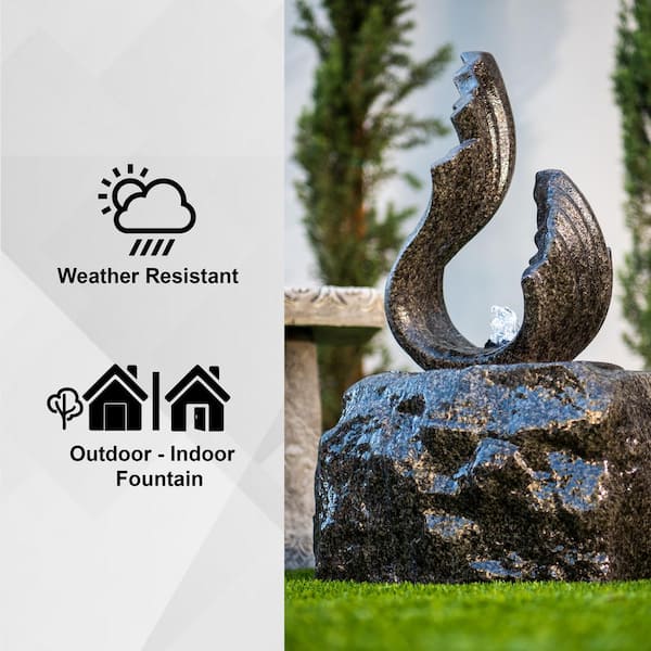 25 in. H Stone-look Sculptural Modern Freestanding Fiberglass Outdoor Garden Fountain w/ LED Light, Black