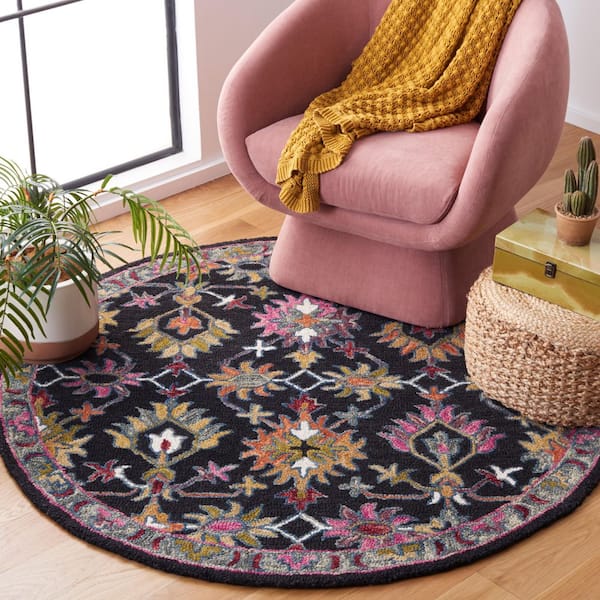 Aspen 5 ft. x 5 ft. Black/Pink Oriental Round Rug