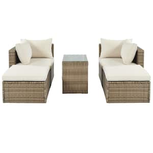 5-Piece Wicker Patio Conversation Sectional Seating Set with Beige Cushions