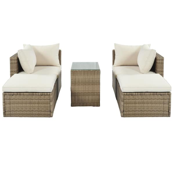 TIRAMISUBEST 5-Piece Wicker Patio Conversation Sectional Seating Set with Beige Cushions
