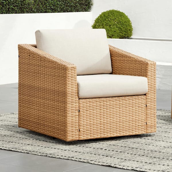 Spruce & Spring Cyril Brown Fabric 360° Swivel Wicker Accent Chair with Beige Cushions for Living Room or Backyard for Outdoor & Indoor