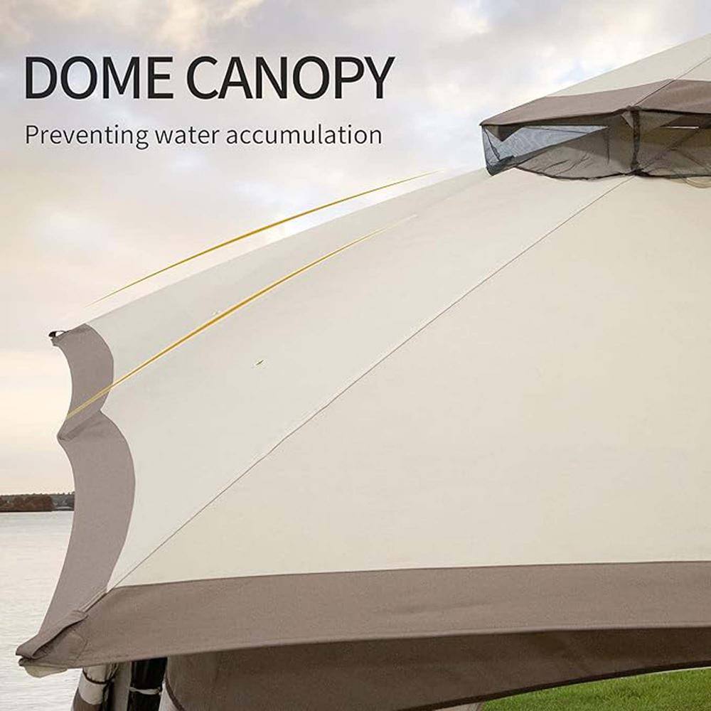Beige Metal Patio Gazebo with Double-Tier Roof and Curtains