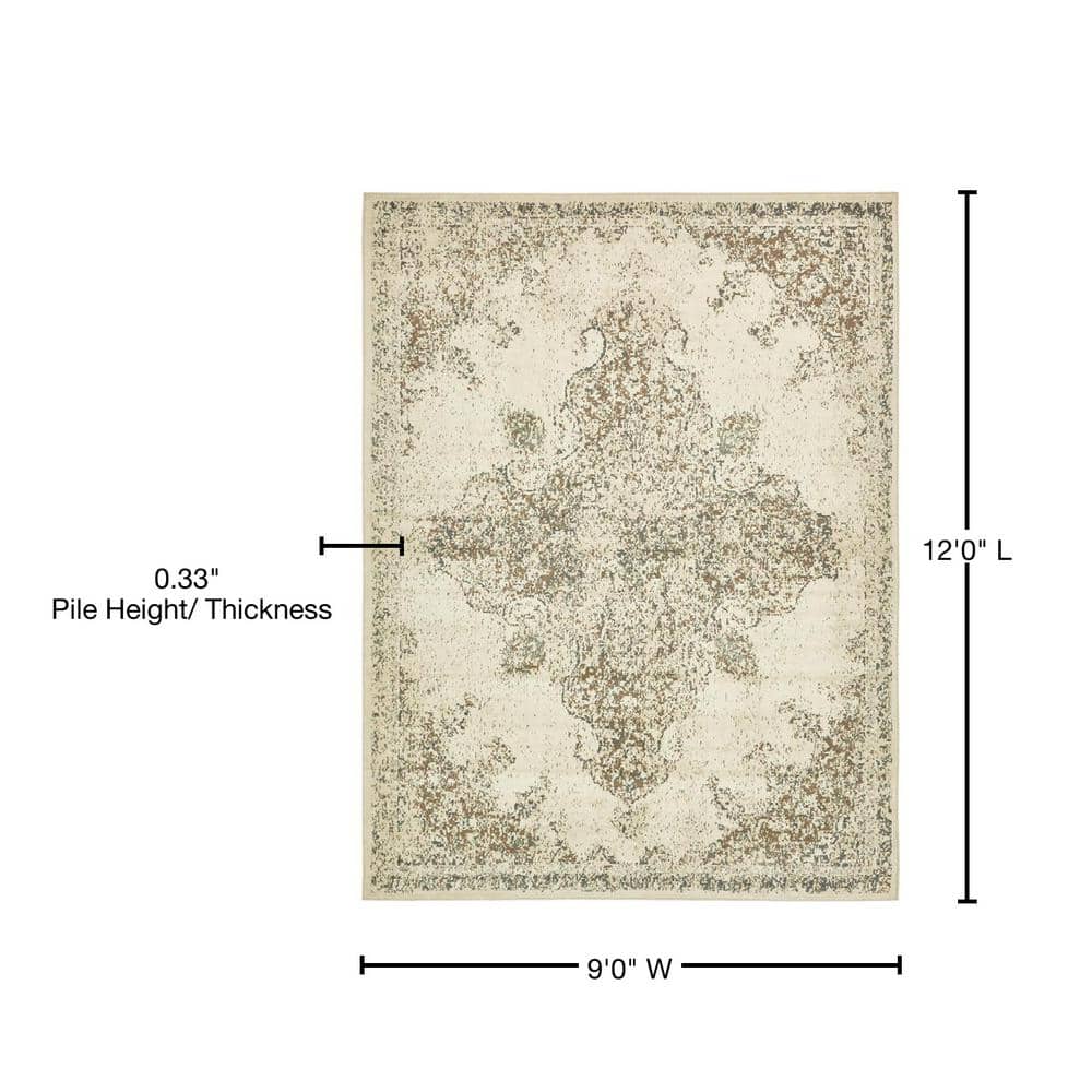 Cream and Beige Medallion Synthetic 9' x 12' Area Rug