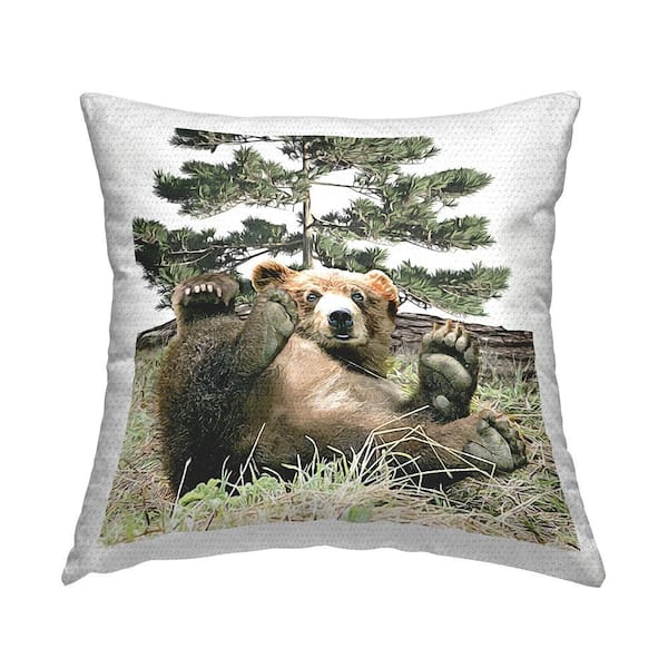 Playful Bear Forest Clearing Brown Square Outdoor Throw Pillow