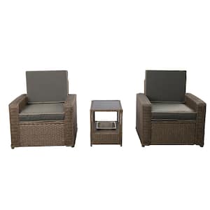 3-Piece Patio Furniture Set, Brown Wicker Outdoor Bistro Set with Gray Cushion, Ice Bucket Coffee Table
