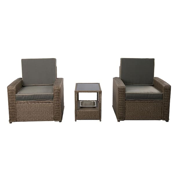 PATIOPTION 3-Piece Patio Furniture Set, Brown Wicker Outdoor Bistro Set with Gray Cushion, Ice Bucket Coffee Table