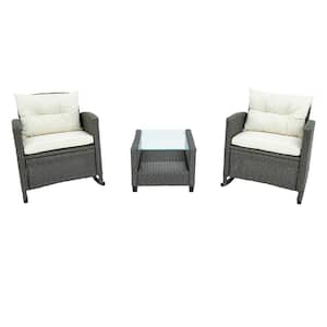 3-Piece Wicker Rocking Patio Conversation Set with Beige Cushions